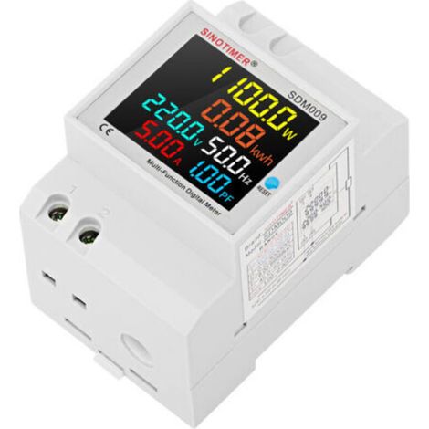 Instrument de mesure multifonctionnel monophasé pour usage domestique, avec affichage numérique sur rail DIN, mesurant la tension, le courant, la fréquence, le facteur de puissance et la puissance. (1/3)