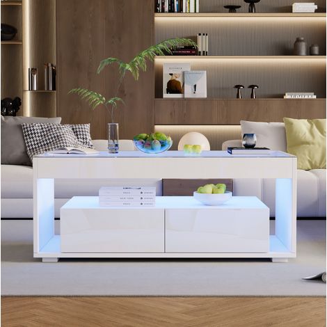 Table basse LED 100 x 50 x 40 cm avec 2 tiroirs, plateau en verre trempé, blanc DESVIAE (1/5)