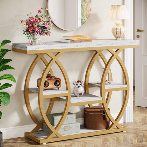Tribesigns 39.4" Console Table, Industrial 4-Tier Sofa Table Entryway Table with Storage Shelves, Narrow Wood Accent Tables with Metal Frame for Small Spaces, Hallway, Foyer, White Gold (1/5)