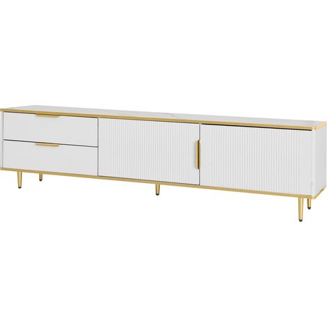 Meuble TV bas en MDF blanc et doré avec motifs sculptés et poignées dorées, 170 x 37 x 45 cm (1/5)