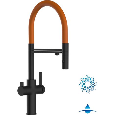 Rubinetto 4 vie miscelatore cucina Nero Opaco con canale separato per acqua filtrata, canna arancione movibile e doccia due getti staccabile - Serie FC (1/5)