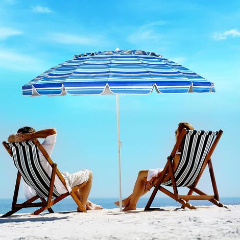 COSTWAY Parasol de Plage Inclinable 2,45 M Protection UPF 50+ Baleines en Fibre de Verre avec Sac Pied Amovible Bleu foncé (1/5)