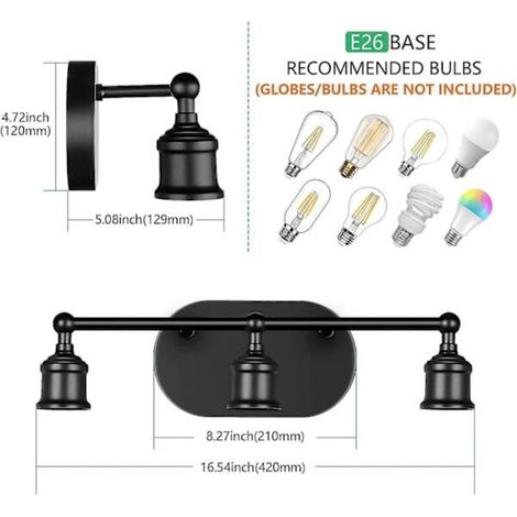Applique murale de salle de bain, lampe de coiffeuse noire à trois lampes (ampoules non incluses), applique murale rétro, applique murale moderne. (1/4)