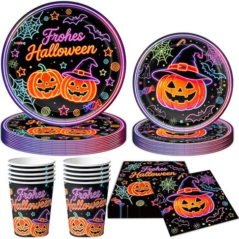 Ensemble de vaisselle jetable néon pour fête d'Halloween, comprenant assiettes, gobelets, serviettes et fanion, disponible en 4 à 9 pièces (4 pièces). (1/5)