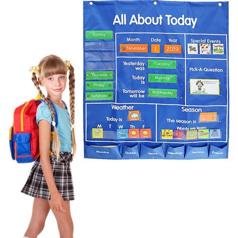 Tableau de poche pour salle de classe scolaire avec date, mois, année, semaine, saison, cartes d'événements météorologiques, outil pédagogique pour enseignants, tout sur l'activité d'aujourd'hui, ress (1/5)
