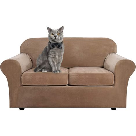 Soft and stretchy velvet sofa cover with separate cushion covers for 1, 2, 3 seater sofas with anti-slip strap for living room, bedroom (cafe, 2 seater) (1/5)