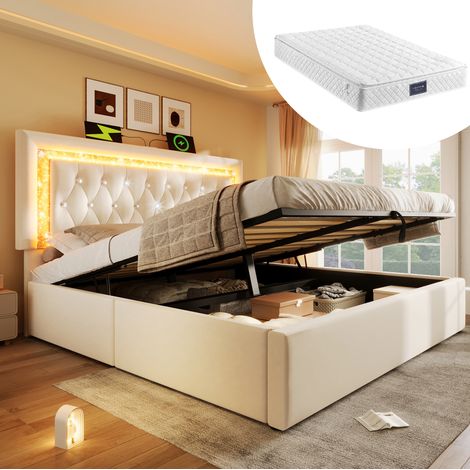 Lit coffre 160x200 avec matelas, LED, USB et USB-C, velours beige HAVRYA (1/5)