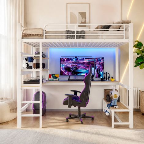 MEUBLIV Letto a soppalco 90x200 cm bianco – scrivania, ripiani, LED, senza materasso (1/5)