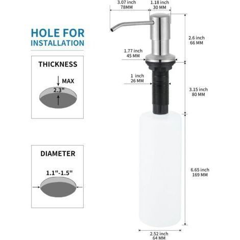 NALOOKAMIC Distributeur de savon intégré pour évier de cuisine, tête de pompe de comptoir en acier inoxydable brossé (plastique intégré), avec bouteille rechargeable de 500 ml (1/3)