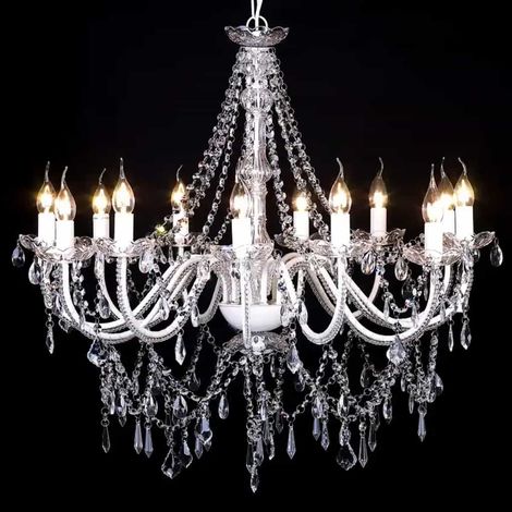 Lustre baroque suspension 12 feux avec 1600 cristaux en verre et métal blanc Ø 80 x 75 cm (1/5)
