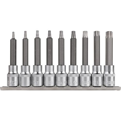 9 Pcs Douille Torx 1/2'' (12,5mm), Set Long Douille Torx avec Rail Enfichable, Extra Longues 100mm, Acier CV, T20, T25, T27, T30, T40, T45, T50, T55, T60 (1/5)
