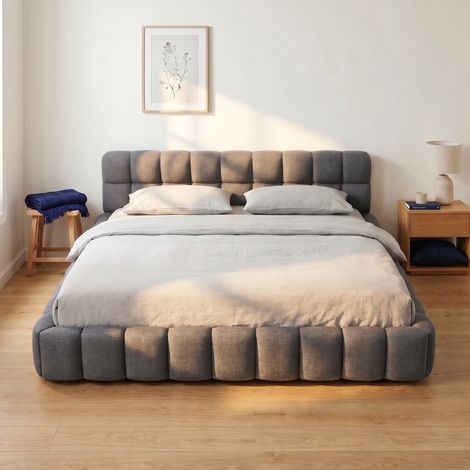 Lit adulte 160x200, lit double avec dossier moelleux, lit plat avec bordure rembourrée, tissu lin, sommier à lattes inclu(160x200, Gris)