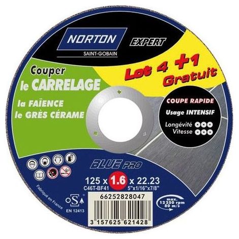 Disque à tronçonner - NORTON - 125x1.6 - Lot 4+1 - Coupe précise - Durée de vie prolongée
