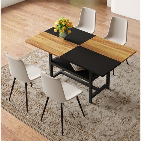 Ensemble table à manger rectangulaire 160 cm avec rangement intégré, 4 chaises en cuir régénéré, style moderne, métal et MDF - CHICFURN (1/5)