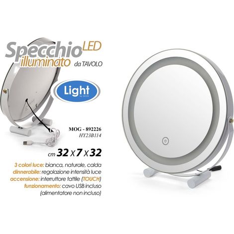 Miroir rond LED 32x7 cm avec 3 tonalités de lumière
