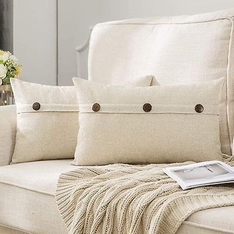 lot De 2 Blanc 30x50cm , Housses De Coussin En Lin Avec Boutons Dcoratives Taie D'oreiller Tissu Lin Carres Dcor Dcoratifs Pour Salon Canap Sofa C (1/5)