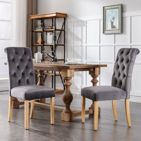 Lot de 2 chaises de salle à manger en velours gris, pieds en chêne, dossier capitonné avec anneau argenté, 63 x 43 x 100 cm (1/5)