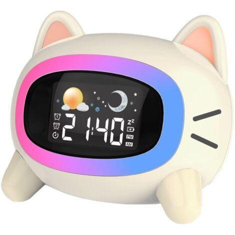 Despertador infantil con luz nocturna, sonidos, 2 alarmas, modo fin de semana, recargable (1/4)