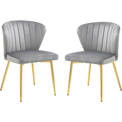 FIXIMASTER Lot de 2 Chaises de Salle à Manger et Cuisine en Velours, Rembourrées Ergonomiques, Pieds Dorés - Gris (1/5)