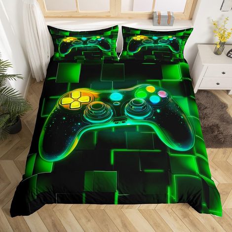 Housse de Couette Enfant 200x200 Gaming Vert, Parure de Lit Ado Garcon Gamer Chambre Gaming, Sets de Housses de Couettes Jeux Vidéo Manette de Jeu, Couvre Lit Grille Géométrique Néon - 200x200cm + 2 T (1/5)