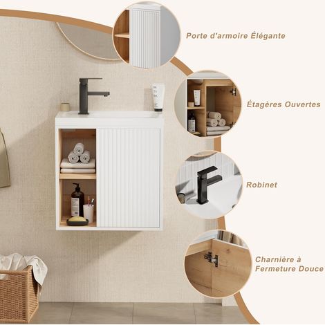 UEV – Meuble lave-mains mural 51 x 30,5 x 54 cm – Lavabo en résine anti-taches – Rangement caché et ouvert – Design moderne blanc