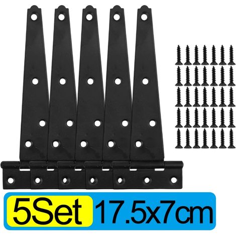 (Lot de 5 - 17,5 x 7 cm) Charnières robustes en fer noir en forme de T, galvanisées, pour portes, portails, abris de jardin, armoires, granges, pièces, avec vis (1/5)