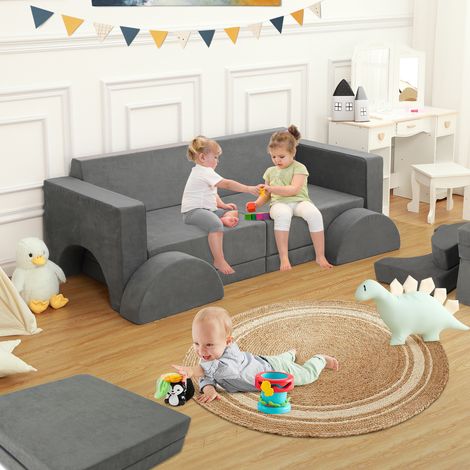 Canapé modulable 8 pièces pour enfants – Sofa en mousse confortable, idéal pour chambre ou salle de jeux – Housses en velours lavables – Mobilier pour garçons et filles – Couleur : gris, 153 x 65 x 53 (1/5)