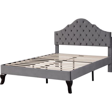 Lit rembourré 140200 avec sommier à lattes et tête de lit, tête de lit réglable en hauteur, pour adultes et adolescents, support en lattes de bois, montage facile, velours, gris (1/5)