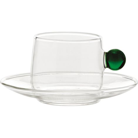 Tazzina Bilia 120ml D11cm H5.2cm Trasparente con piattino e pallina verde ZAFFERANO