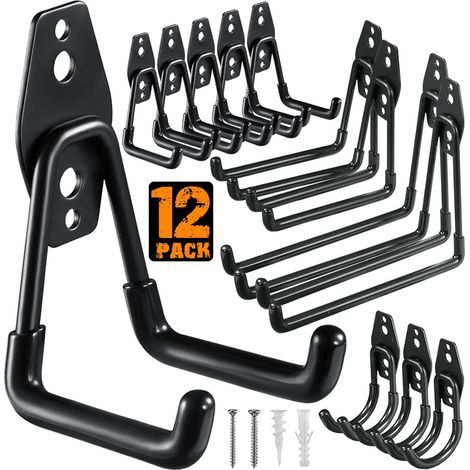 Lot de 12 noir crochets de garage robustes en acier utilitaire, crochets de rangement pour garage, support mural et organisateur pour organiser les outils électriques, les échelles, les articles en
