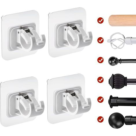 Set di 4 ganci autoadesivi per tende, supporto fisso bianco per asta per tende, senza bisogno di forare, adatto per cucina e bagno.
