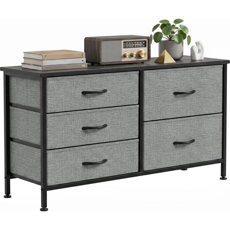 Commode 5 tiroirs en tissu, structure en acier, idéale pour le salon ou le bureau, gris foncé et noir. (1/5)