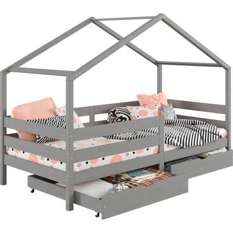Idimex – Lit cabane 90x190 cm – Structure en pin massif – 2 tiroirs de rangement – Barrières de protection modulables