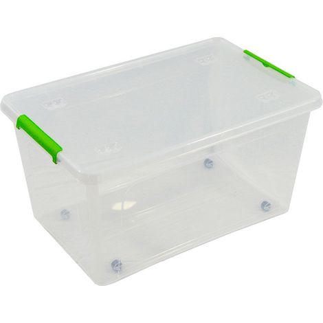 Boîte transparente avec couvercle, roues et fermeture par Hitch 585x390x H 300 mm