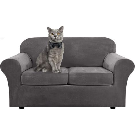Soft and stretchy velvet sofa cover with separate cushion covers for 1, 2, 3 seater sofas with anti-slip strap for living room, bedroom (grey, 2 seater) (1/5)