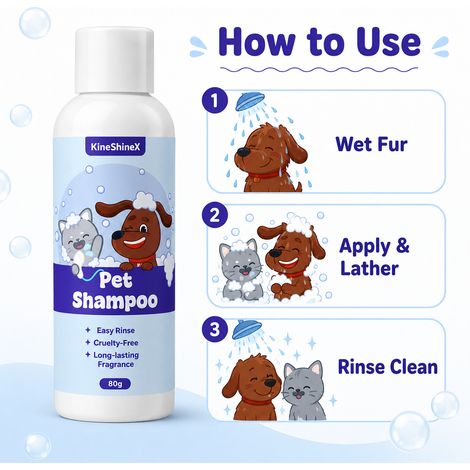 KineShineX Haustier-Shampoo & Duschgel ist für Katzen und Hunde gleichermaßen geeignet. Es reinigt sanft, lässt sich leicht ausspülen und sorgt für ein geschmeidiges und langanhaltend gepflegtes Fell. (1/4)