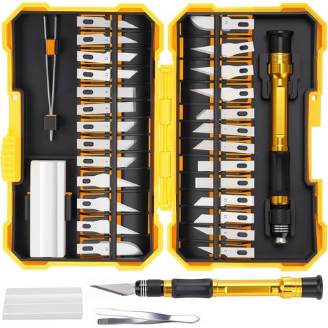 29-teiliges Präzisionsmesserset, Skalpellset, Bastelmesserset, 1 kleines Messer + 26 Klingen + 1 Stiftaustreiber + 1 Nagelschleifer + 1 Schleifstein, DIY