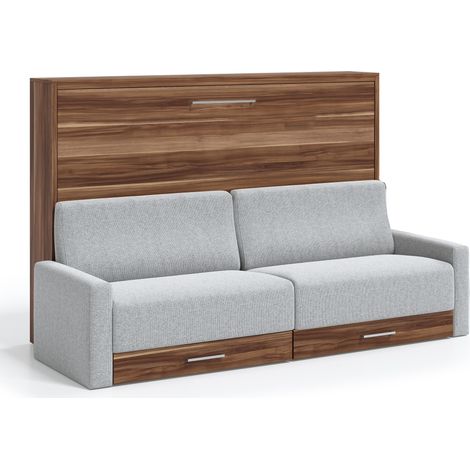 Lit escamotable horizontal avec canapé Vetal 150x190-Canapé Gris clair-Structure et Façade Noyer (1/5)