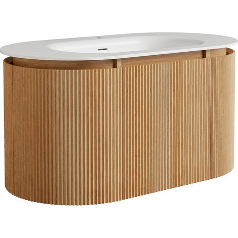 Mobile bagno sospeso scanalato in legno di frassino con lavabo da incasso in resina bianco opaco Naturale chiaro L90 cm - LILIKO (1/5)
