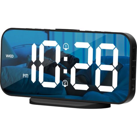 Specchio digitale a LED con funzione sveglia (17 cm) – Con 2 porte USB, doppia sveglia, funzione snooze e design moderno per la camera da letto - Crezuo