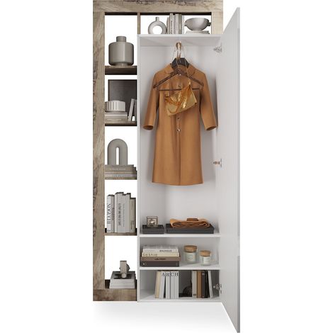 Mobile da Ingresso Gonzaga, Specchio Incluso, 6 Paia Made in Italy, 6 Ripiani, 90.5x30x210h cm Marrone Pero
