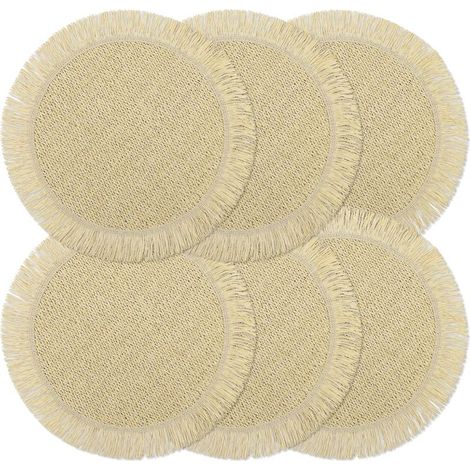 Sets de table ronds - Papier - Motif tissé - Lot de 6 - Style bohème champêtre - Diamètre 38 cm - Blanc cassé (1/5)