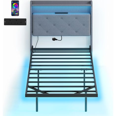 HOMCOM Floating Bed Frame with RGB Lights, Upholstered Single Size Bed, Grey (1/5)