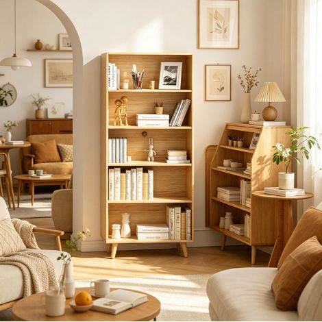 Bücherregal 60x24x144 cm helle Eiche aus Massivholz und Melamin mit 5 offenen Fächern (1/4)