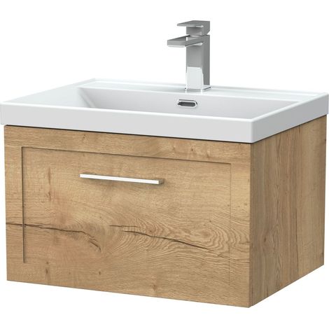 Stonnall Traditional Wall Hung 1 Drawer Vanity Unit with Thin-Edge Ceramic Basin, 600mm, Autumn Oak