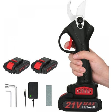 Sécateur Électrique Sans Fil - 21 V - Lame Acier Trempé - Jardin Potager Arbuste - 2 Batteries Incluses