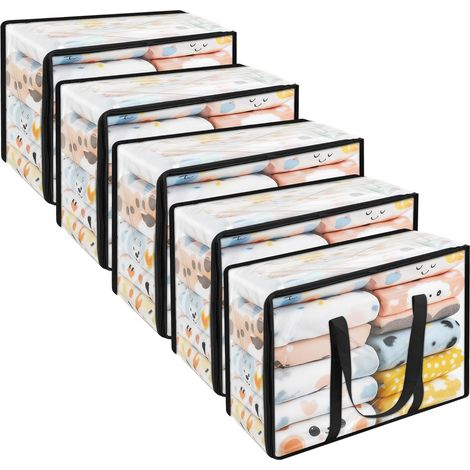 Lot de 5 Sac de rangement de vêtements, 60L organisateur de placard zippé, conteneurs de stockage en plastique déplacer des sacs pour couette, couverture, literie (1/5)