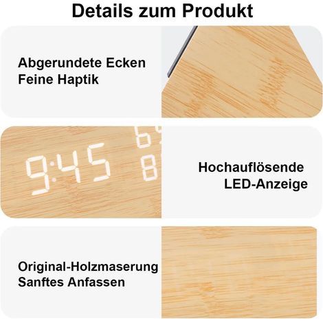 Wecker aus Holz mit Lautstärkeregelung, Feuchtigkeits-, Temperatur- und Datumsanzeige