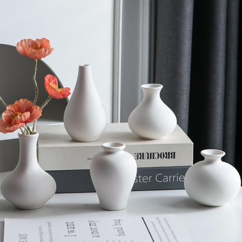 Lot de 5 petits vases blancs en céramique pour herbe de la pampa, fleurs, vases décoratifs pour la maison, décoration moderne, décoration rustique, pour salon, table à manger, étagères (1/5)