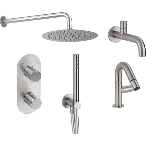 Ensemble salle bain complet acier AISI 316L avec mitigeur lavabo mural bidet et douche encastrée à 2 voies Arqea Helix KITHELIX3 (1/5)